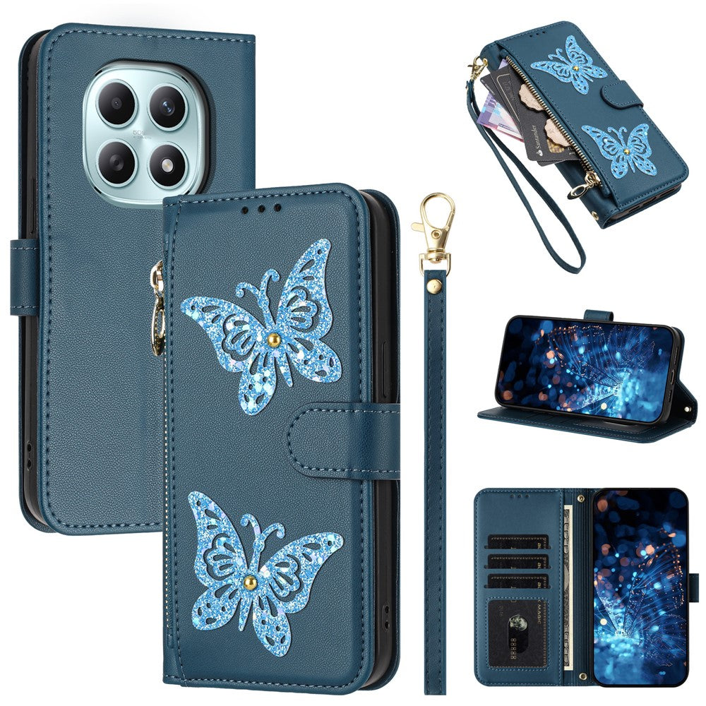 For Xiaomi Redmi Note 15 4G (Global)  /  Note 15 5G (Global)  /  Poco M8 5G Case Glitter Butterfly Zipper Pocket Stand Leather Phone Cover with Hand Strap / Shoulder Strap