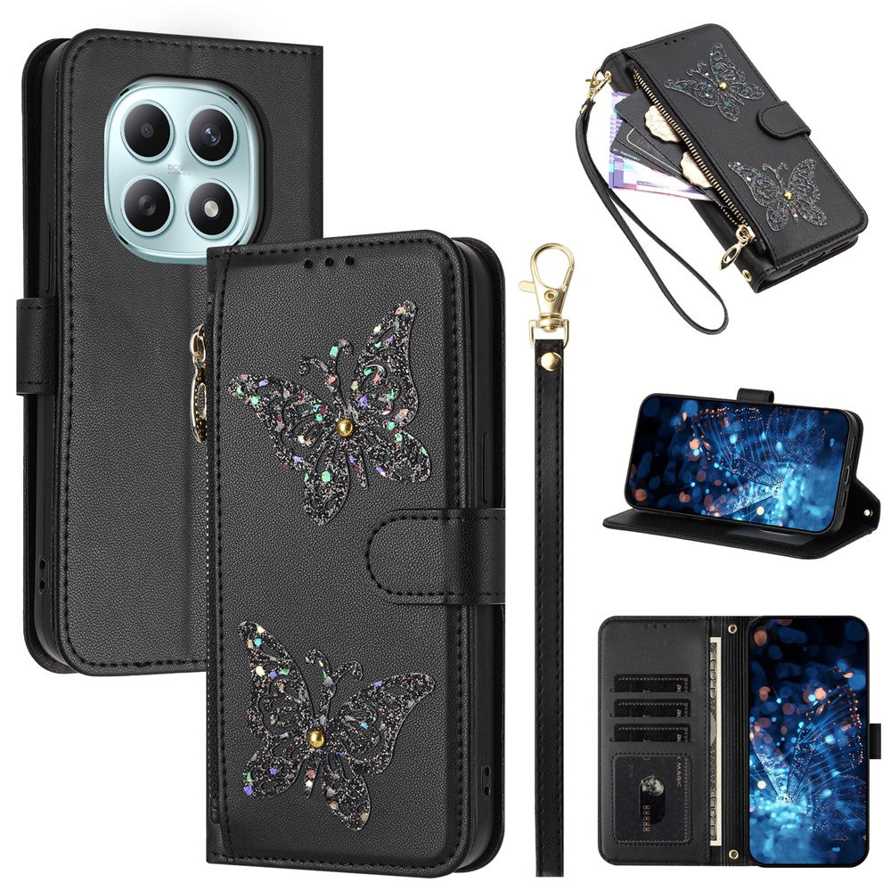 For Xiaomi Redmi Note 15 4G (Global)  /  Note 15 5G (Global)  /  Poco M8 5G Case Glitter Butterfly Zipper Pocket Stand Leather Phone Cover with Hand Strap / Shoulder Strap