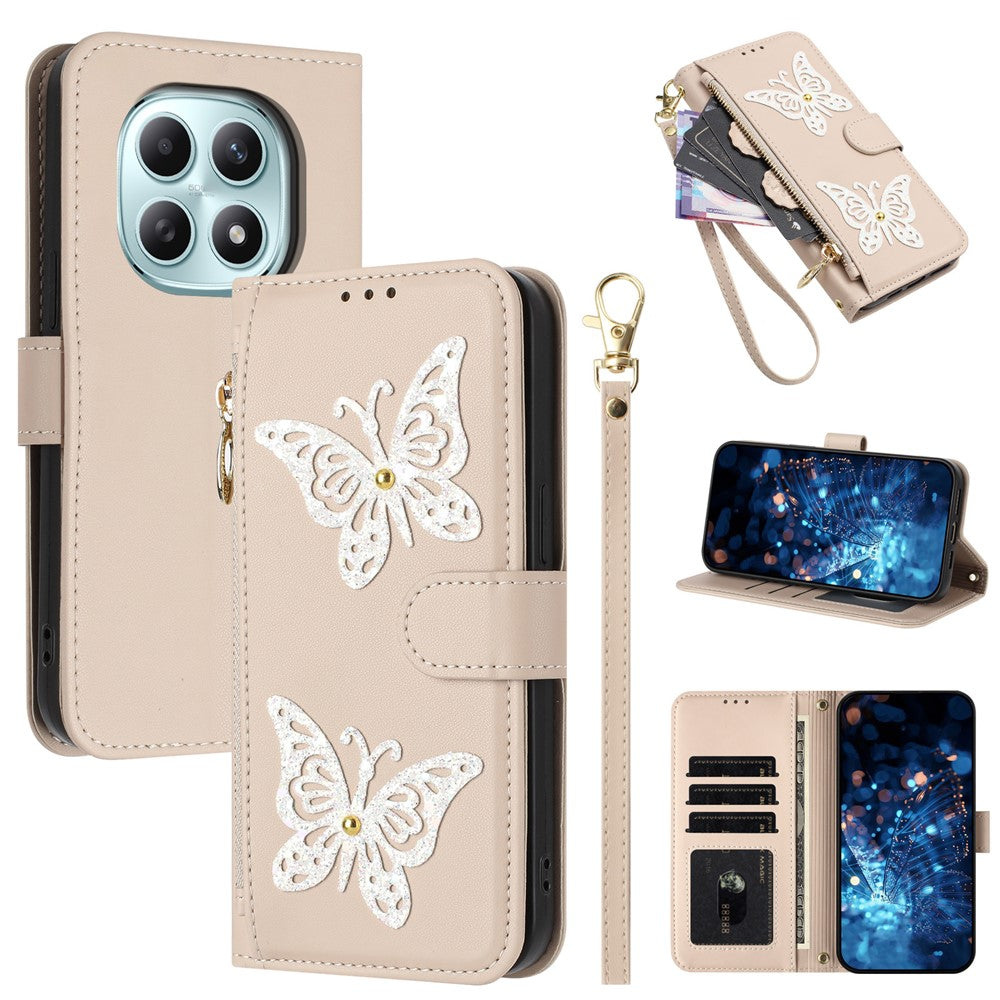 For Xiaomi Redmi Note 15 4G (Global)  /  Note 15 5G (Global)  /  Poco M8 5G Case Glitter Butterfly Zipper Pocket Stand Leather Phone Cover with Hand Strap / Shoulder Strap