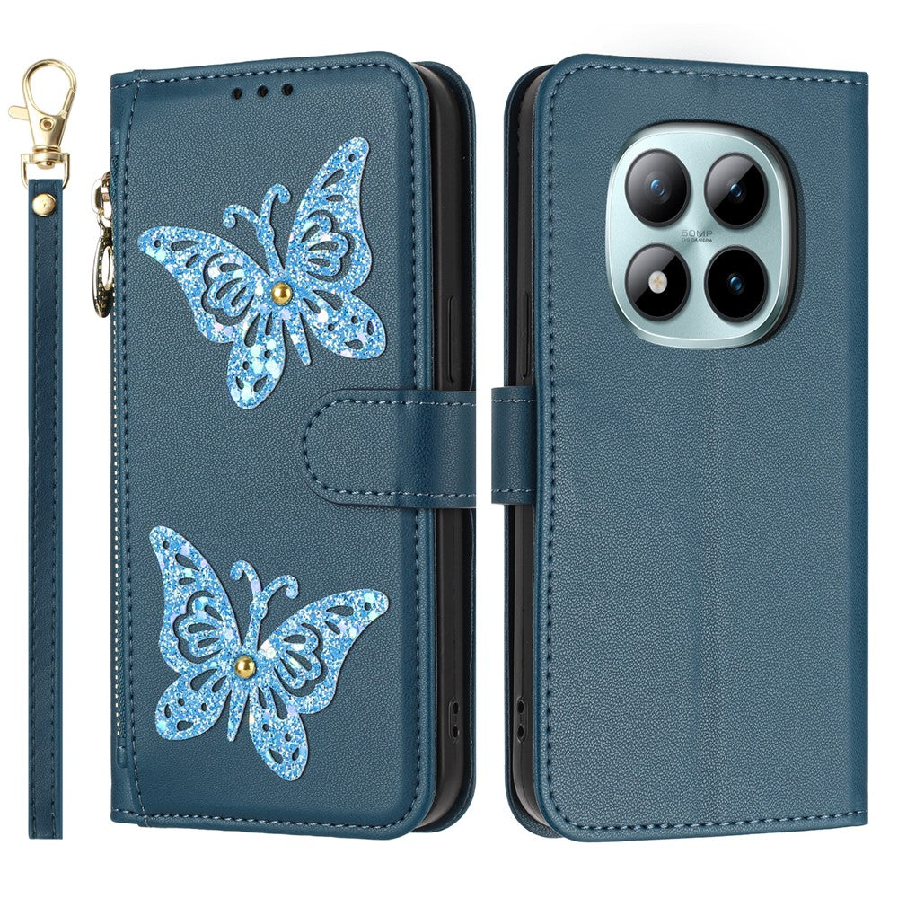 Xiaomi Redmi Note 15 Pro 4G (Global) Fodral Glitter Fjäril Blixtlåsficka Stativ Läder Mobilskal med Handrem / Axelrem