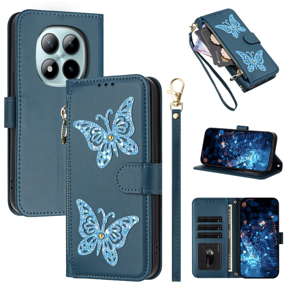For Xiaomi Redmi Note 15 Pro 4G (Global) Case Glitter Butterfly Zipper Pocket Stand Leather Phone Cover with Hand Strap / Shoulder Strap