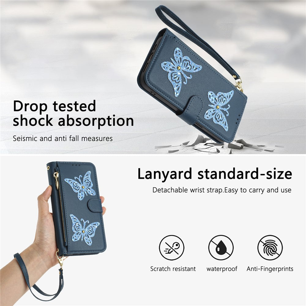 Xiaomi Redmi Note 15 Pro 4G (Global) Fodral Glitter Fjäril Blixtlåsficka Stativ Läder Mobilskal med Handrem / Axelrem