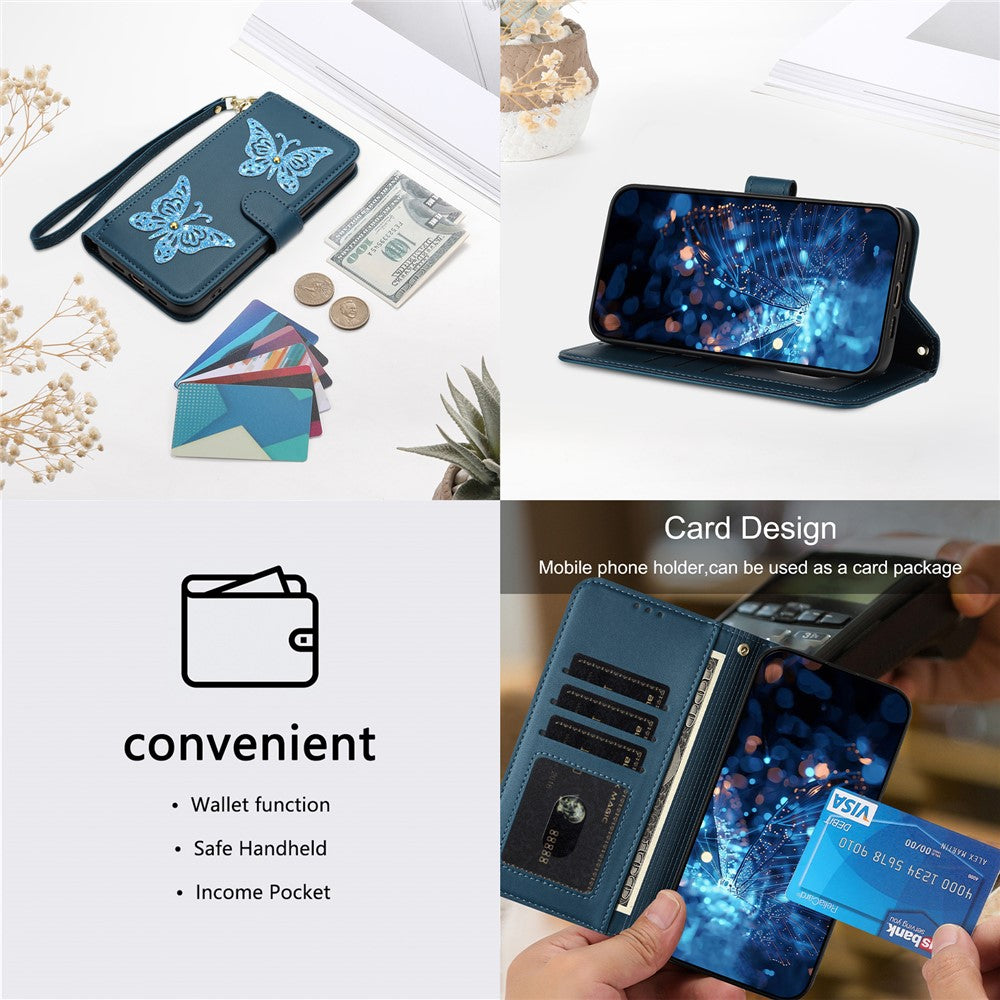Xiaomi Redmi Note 15 Pro 4G (Global) Fodral Glitter Fjäril Blixtlåsficka Stativ Läder Mobilskal med Handrem / Axelrem