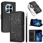 Xiaomi Redmi Note 15 Pro 4G (Global) Fodral Glitter Fjäril Blixtlåsficka Stativ Läder Mobilskal med Handrem / Axelrem