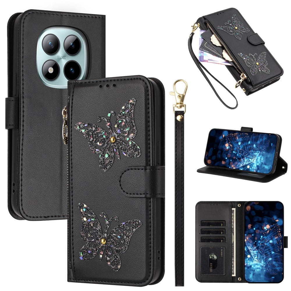 Xiaomi Redmi Note 15 Pro 4G (Global) Fodral Glitter Fjäril Blixtlåsficka Stativ Läder Mobilskal med Handrem / Axelrem