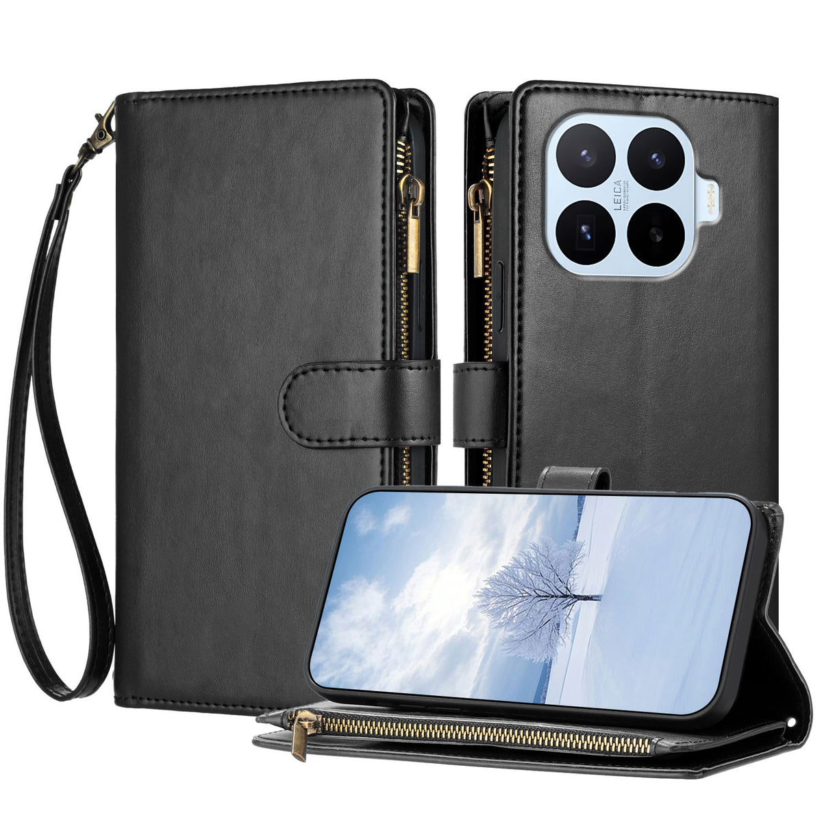 For Xiaomi 17T Leather Case Zipper Wallet Stand Shockproof Phone Cover with Wrist Strap