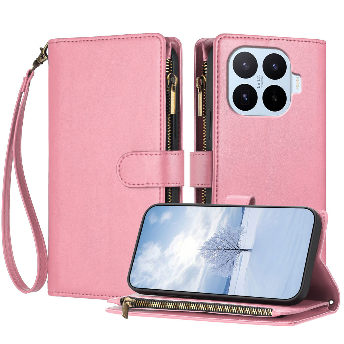 For Xiaomi 17T Leather Case Zipper Wallet Stand Shockproof Phone Cover with Wrist Strap