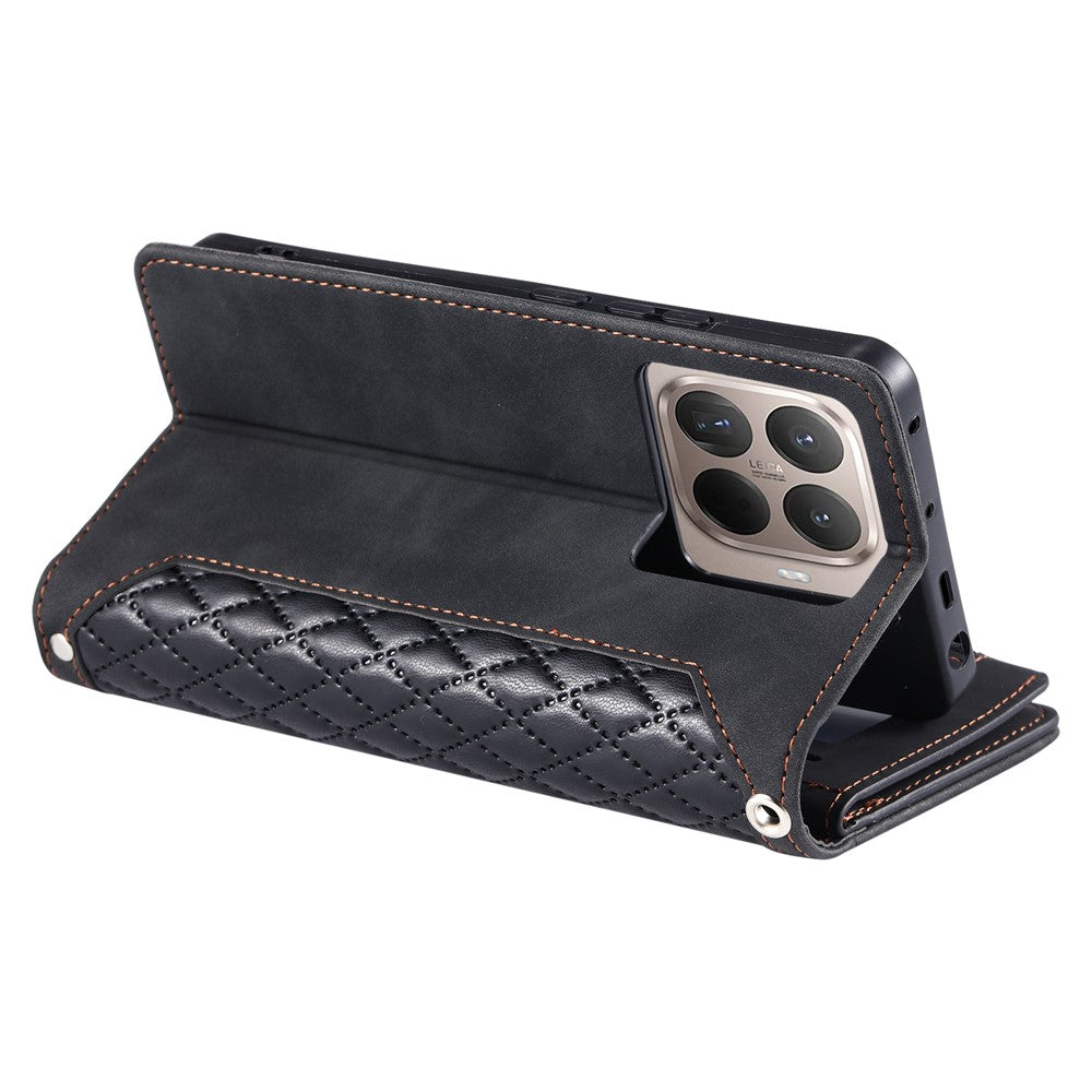 For Xiaomi 17T Wallet Case Rhombus Stitching Line PU Leather Phone Cover with Wrist Strap