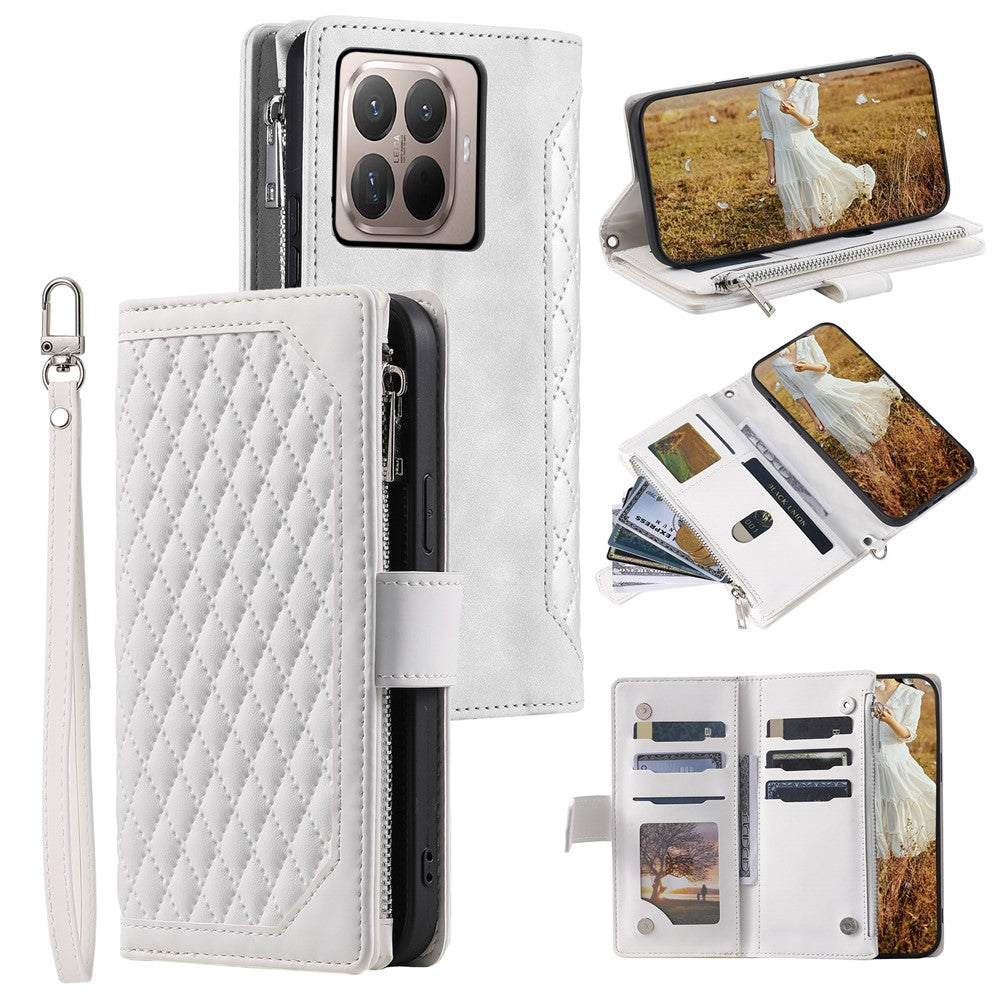 For Xiaomi 17T Wallet Case Rhombus Stitching Line PU Leather Phone Cover with Wrist Strap