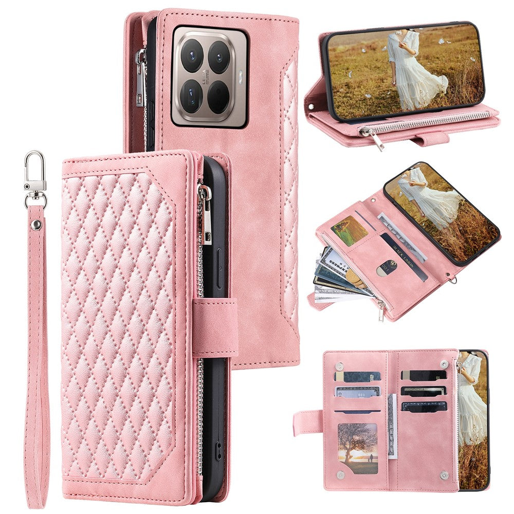 For Xiaomi 17T Wallet Case Rhombus Stitching Line PU Leather Phone Cover with Wrist Strap