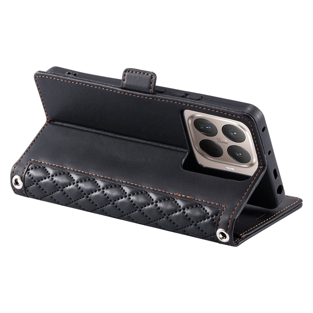 For Xiaomi 17T Pro Leather Case Rhombus Texture Wallet Stand Phone Cover with Wrist Strap