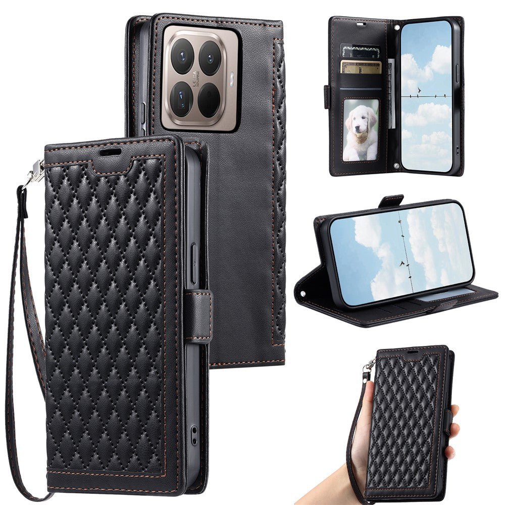 For Xiaomi 17T Pro Leather Case Rhombus Texture Wallet Stand Phone Cover with Wrist Strap