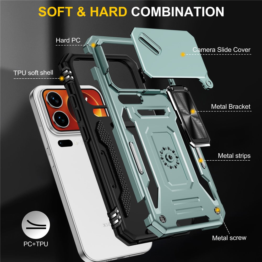 For Xiaomi 17 Pro Max Case Kickstand Slide Lens Lid PC + TPU Drop-Proof Phone Cover