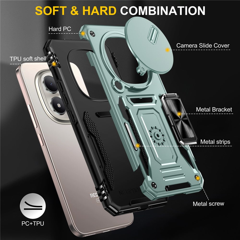 Kickstand Case For Xiaomi Redmi Note 15 4G (Global) / Note 15 5G (Global) / Poco M8 5G Slide Lens Lid PC + TPU Drop-Proof Phone Cover