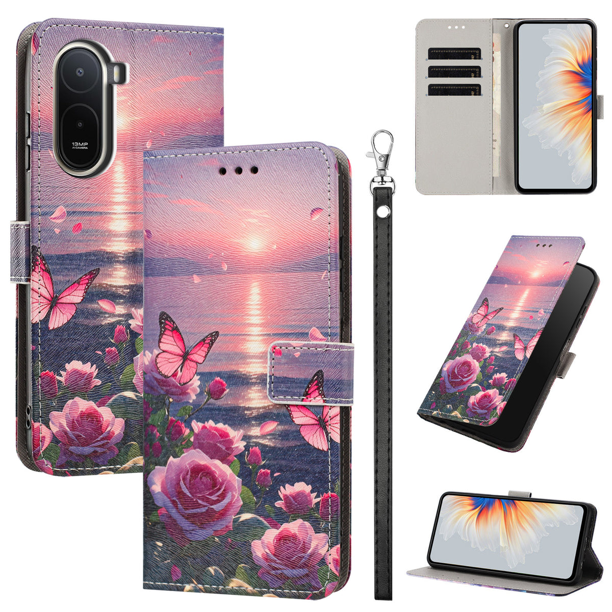 Etui til Xiaomi Redmi A7 Pro 5G / Xiaomi Poco C85x 5G / Xiaomi Redmi A7 Pro 4G (171.56mm), mønstertrykt PU-læder, flip-tegnebogsmobilcover med håndledsrem