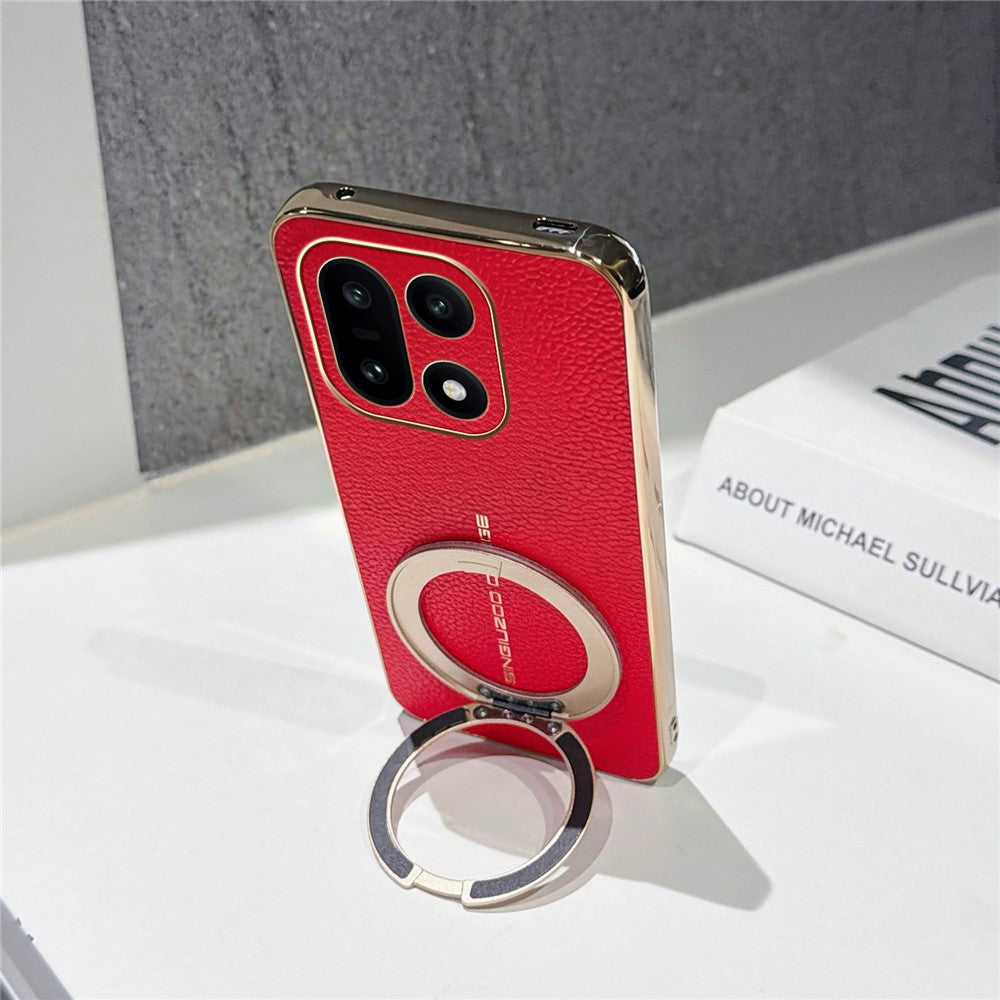 OnePlus 15 5G Magnetiskt Skal Litchi Mönster TPU PU Skal med Elektropläterad Metallring Stativ