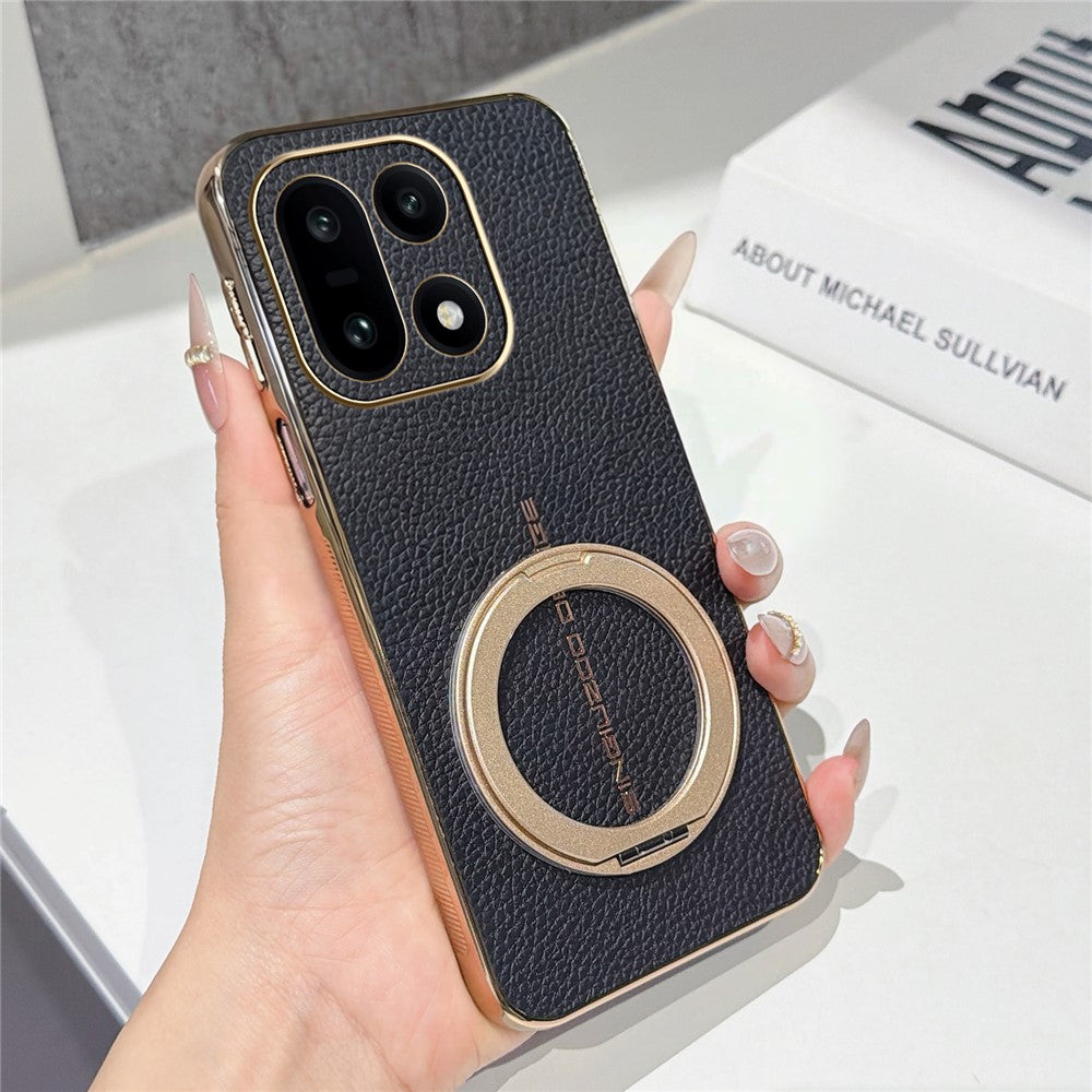 OnePlus 15 5G Magnetiskt Skal Litchi Mönster TPU PU Skal med Elektropläterad Metallring Stativ