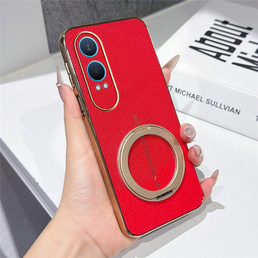 OnePlus Nord CE4 Lite 5G Magnetiskt Skal Litchi Mönster TPU PU Skal med Elektropläterad Metallring Stativ