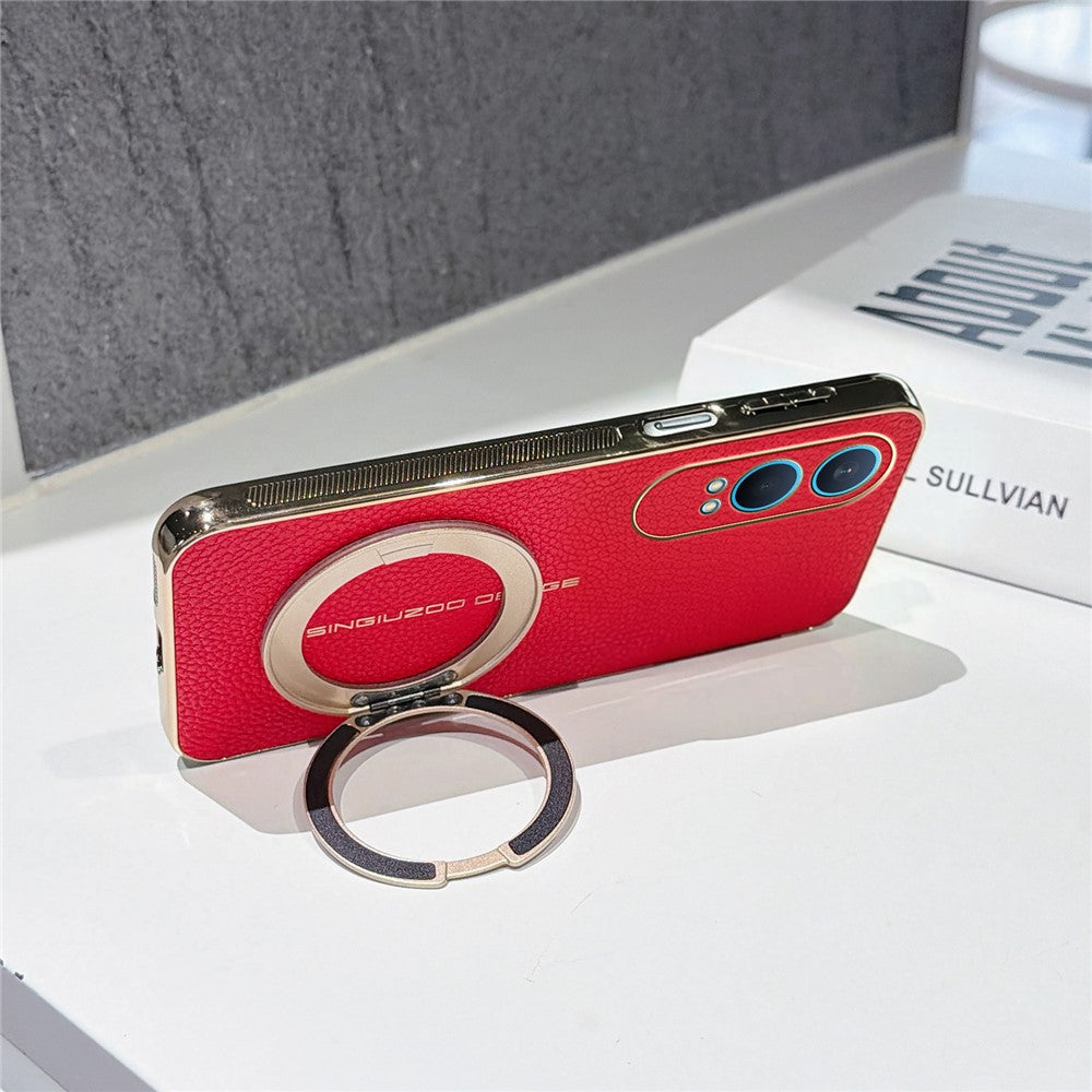 OnePlus Nord CE4 Lite 5G Magnetiskt Skal Litchi Mönster TPU PU Skal med Elektropläterad Metallring Stativ