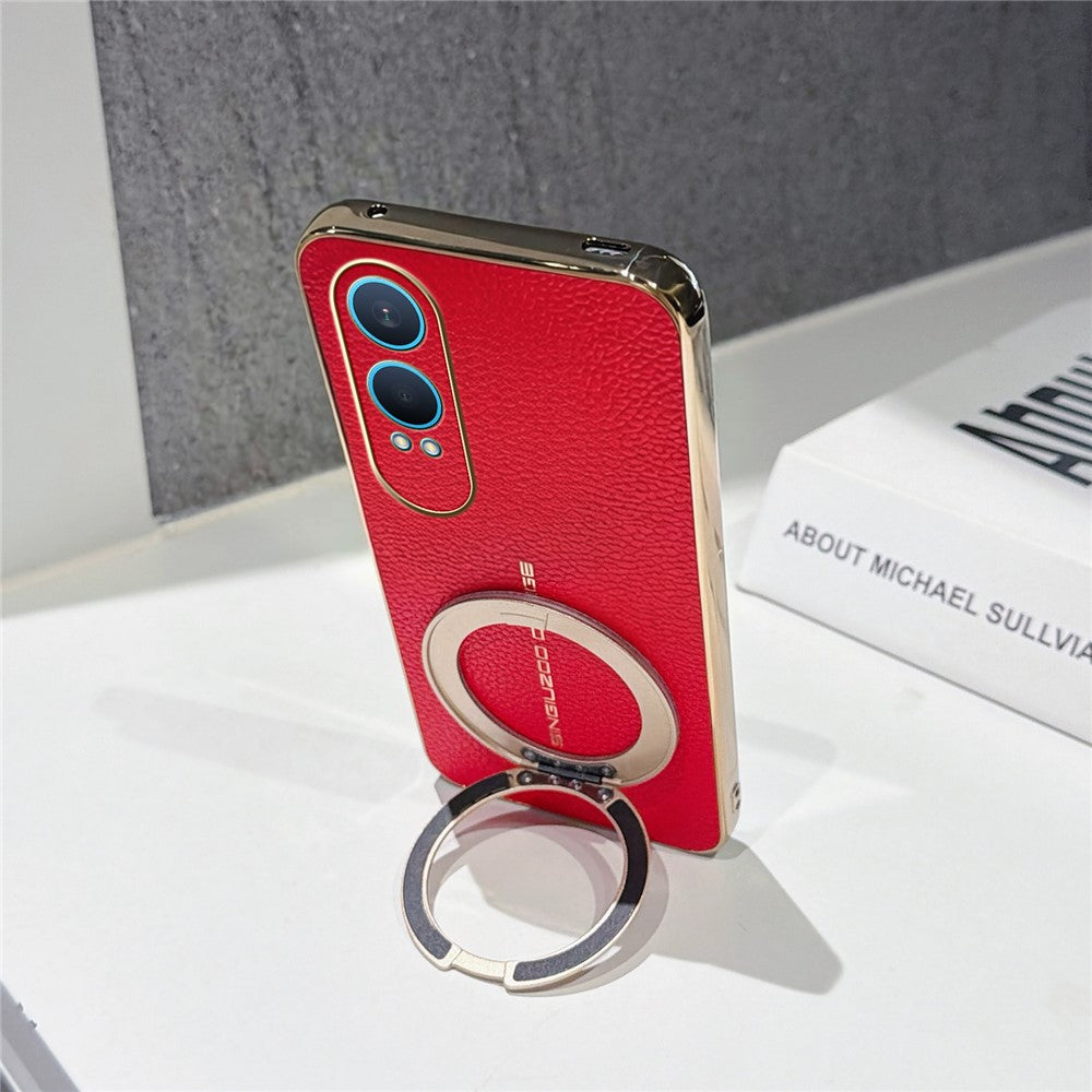 OnePlus Nord CE4 Lite 5G Magnetiskt Skal Litchi Mönster TPU PU Skal med Elektropläterad Metallring Stativ
