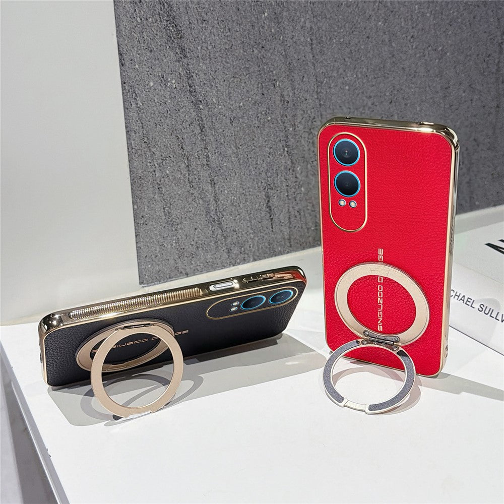 OnePlus Nord CE4 Lite 5G Magnetiskt Skal Litchi Mönster TPU PU Skal med Elektropläterad Metallring Stativ