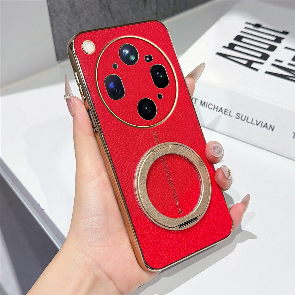 For Oppo Find X9 Ultra 5G Magnetic Case Litchi Pattern TPU PU Cover with Electroplated Metal Ring Kickstand