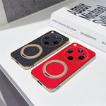 For Oppo Find X9 Ultra 5G Magnetic Case Litchi Pattern TPU PU Cover with Electroplated Metal Ring Kickstand
