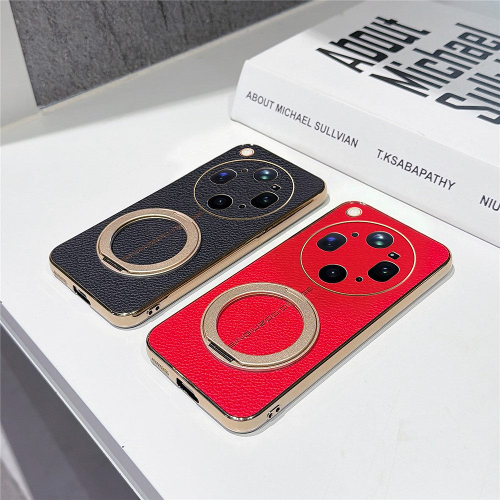 For Oppo Find X9 Ultra 5G Magnetic Case Litchi Pattern TPU PU Cover with Electroplated Metal Ring Kickstand