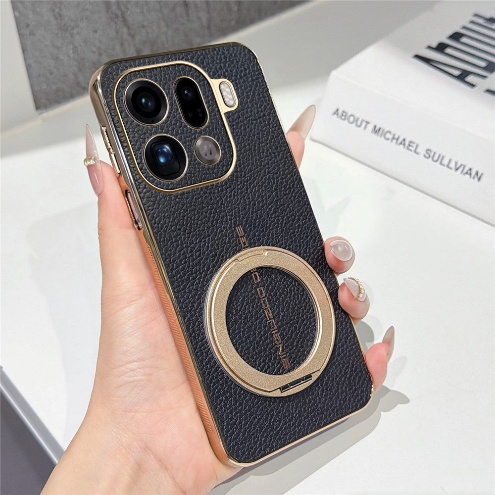 For Oppo Find X9 Pro 5G Magnetic Case Litchi Pattern TPU PU Cover with Electroplated Metal Ring Kickstand