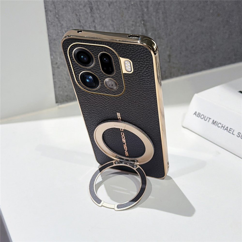 For Oppo Find X9 Pro 5G Magnetic Case Litchi Pattern TPU PU Cover with Electroplated Metal Ring Kickstand