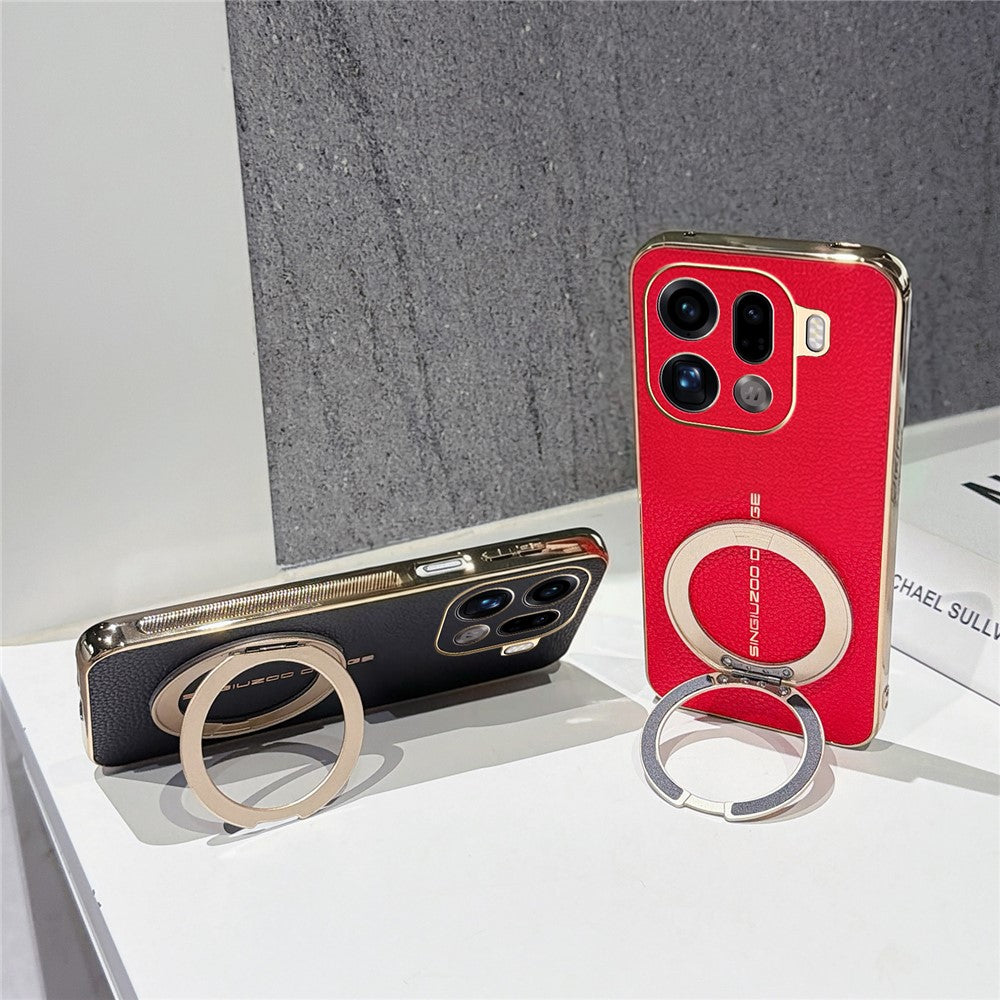 For Oppo Find X9 Pro 5G Magnetic Case Litchi Pattern TPU PU Cover with Electroplated Metal Ring Kickstand