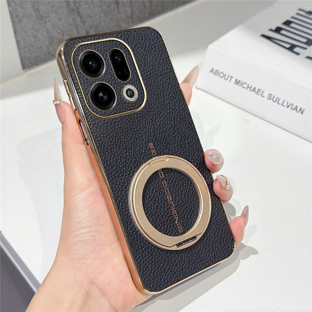 For Oppo Find X9 5G Magnetic Case Litchi Pattern TPU PU Cover with Electroplated Metal Ring Kickstand
