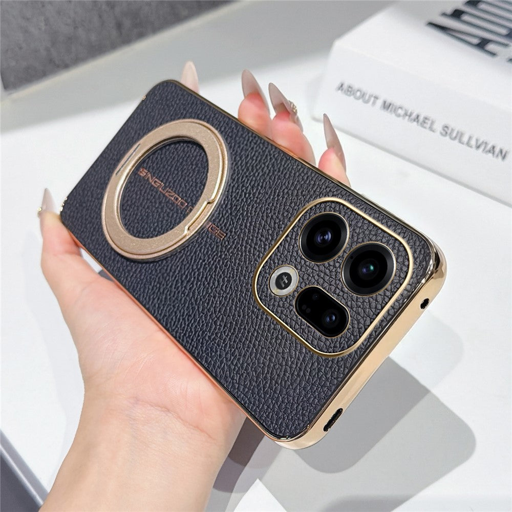 For Oppo Find X9 5G Magnetic Case Litchi Pattern TPU PU Cover with Electroplated Metal Ring Kickstand