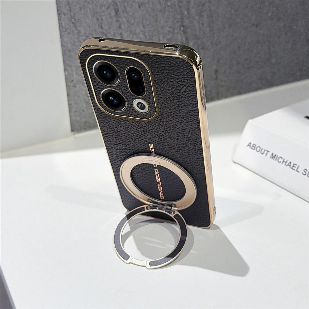 For Oppo Find X9 5G Magnetic Case Litchi Pattern TPU PU Cover with Electroplated Metal Ring Kickstand