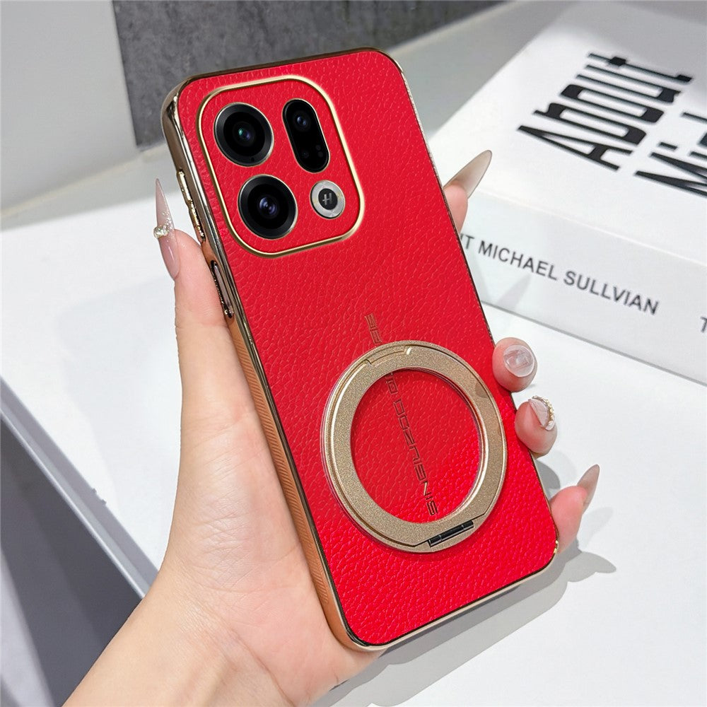 For Oppo Find X9 5G Magnetic Case Litchi Pattern TPU PU Cover with Electroplated Metal Ring Kickstand
