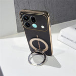 For Oppo Find X9s Pro 5G Magnetic Case Litchi Pattern TPU PU Cover with Electroplated Metal Ring Kickstand