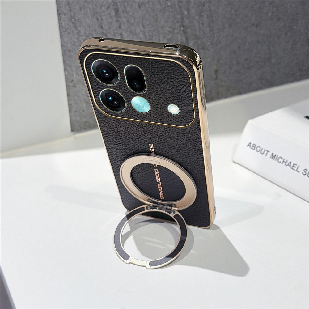 For Oppo Find X9s Pro 5G Magnetic Case Litchi Pattern TPU PU Cover with Electroplated Metal Ring Kickstand