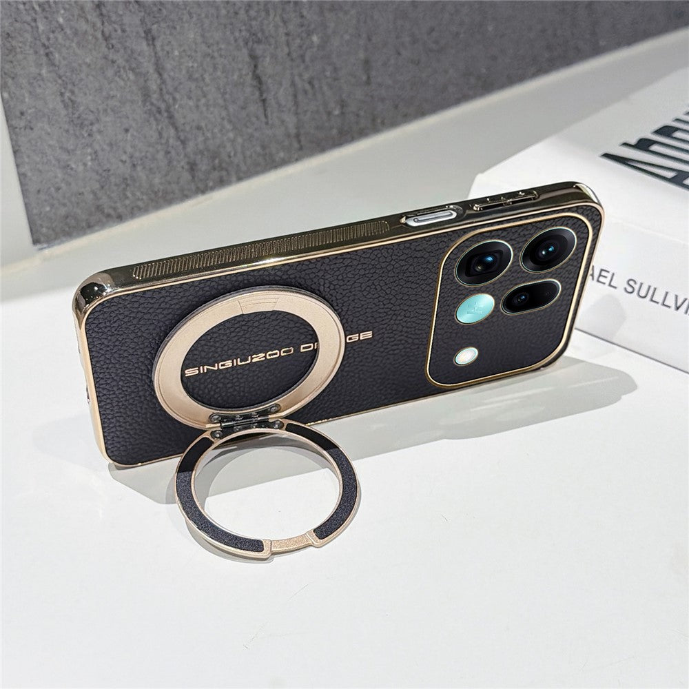 For Oppo Find X9s Pro 5G Magnetic Case Litchi Pattern TPU PU Cover with Electroplated Metal Ring Kickstand