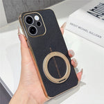 For Oppo Reno15 F 5G Magnetic Case Litchi Pattern TPU PU Cover with Electroplated Metal Ring Kickstand