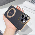 For Oppo Reno15 F 5G Magnetic Case Litchi Pattern TPU PU Cover with Electroplated Metal Ring Kickstand