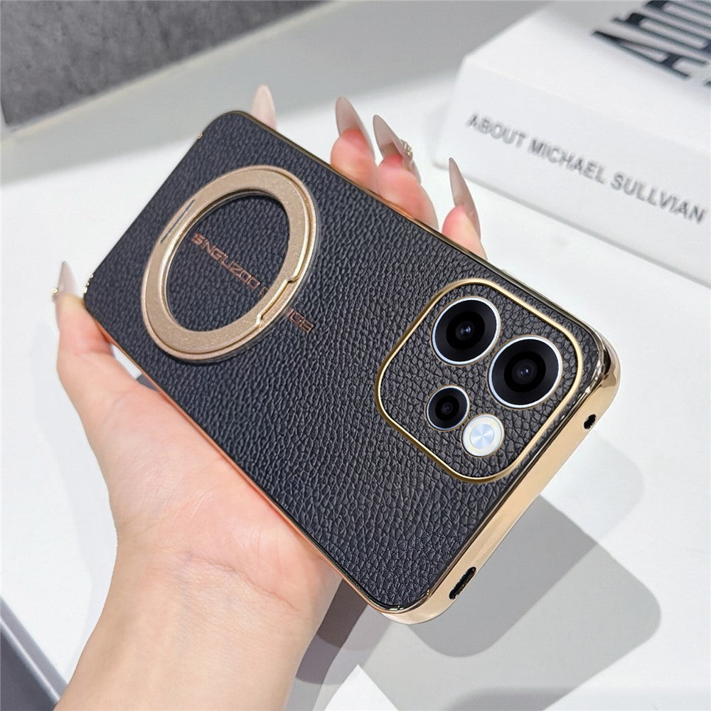 For Oppo Reno15 F 5G Magnetic Case Litchi Pattern TPU PU Cover with Electroplated Metal Ring Kickstand
