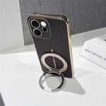 For Oppo Reno15 F 5G Magnetic Case Litchi Pattern TPU PU Cover with Electroplated Metal Ring Kickstand
