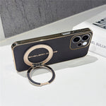 For Oppo Reno15 F 5G Magnetic Case Litchi Pattern TPU PU Cover with Electroplated Metal Ring Kickstand