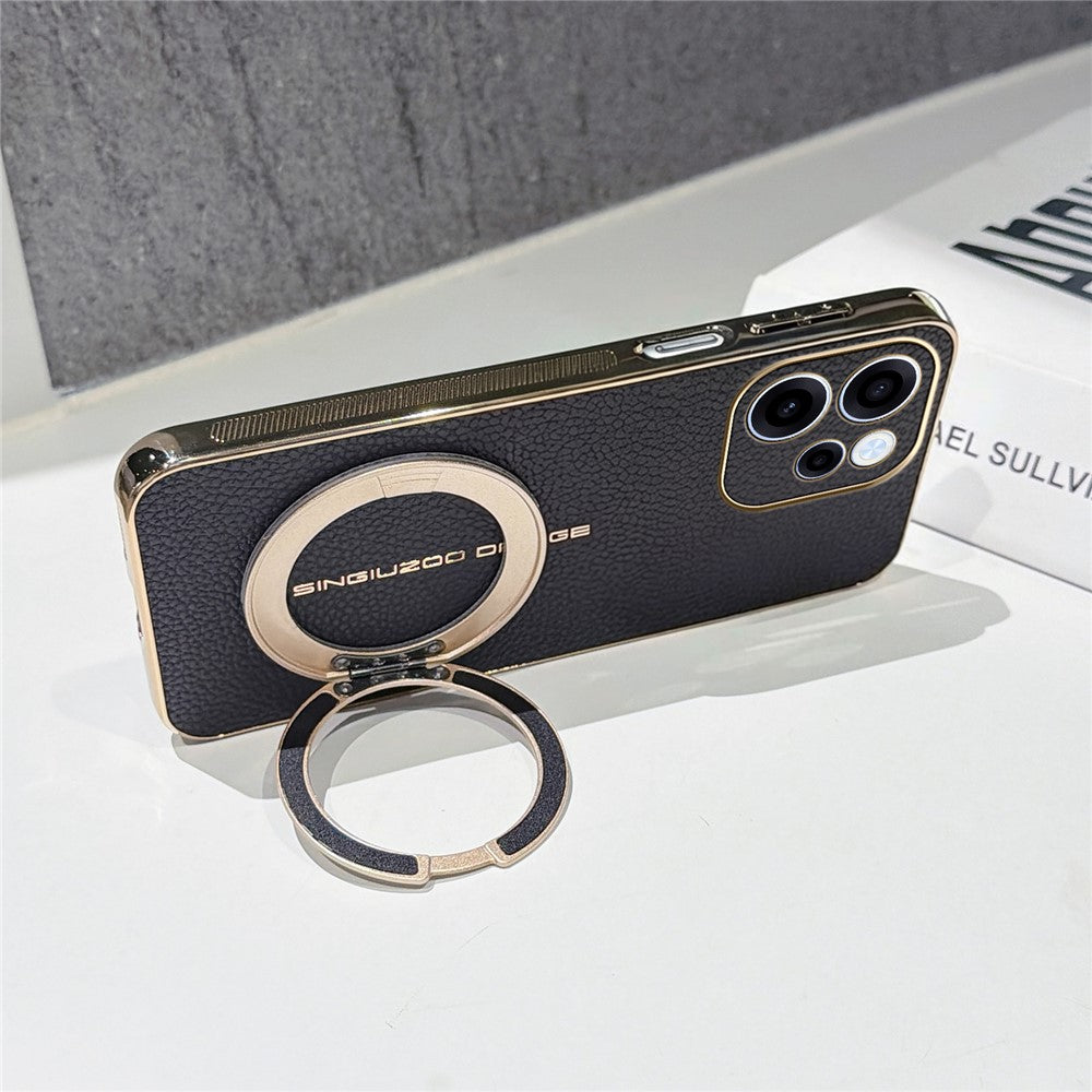 For Oppo Reno15 F 5G Magnetic Case Litchi Pattern TPU PU Cover with Electroplated Metal Ring Kickstand