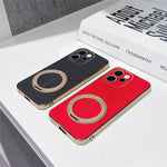 For Oppo Reno15 F 5G Magnetic Case Litchi Pattern TPU PU Cover with Electroplated Metal Ring Kickstand