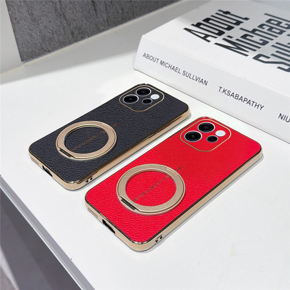 For Oppo Reno15 F 5G Magnetic Case Litchi Pattern TPU PU Cover with Electroplated Metal Ring Kickstand