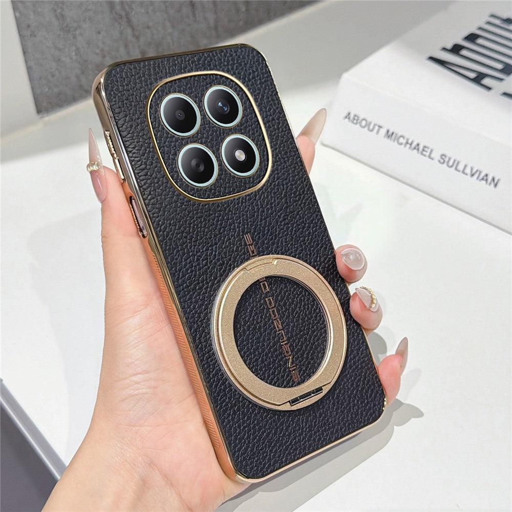 For Xiaomi Redmi Note 15 4G (Global) Magnetic Case Litchi Pattern TPU PU Cover with Electroplated Metal Ring Kickstand