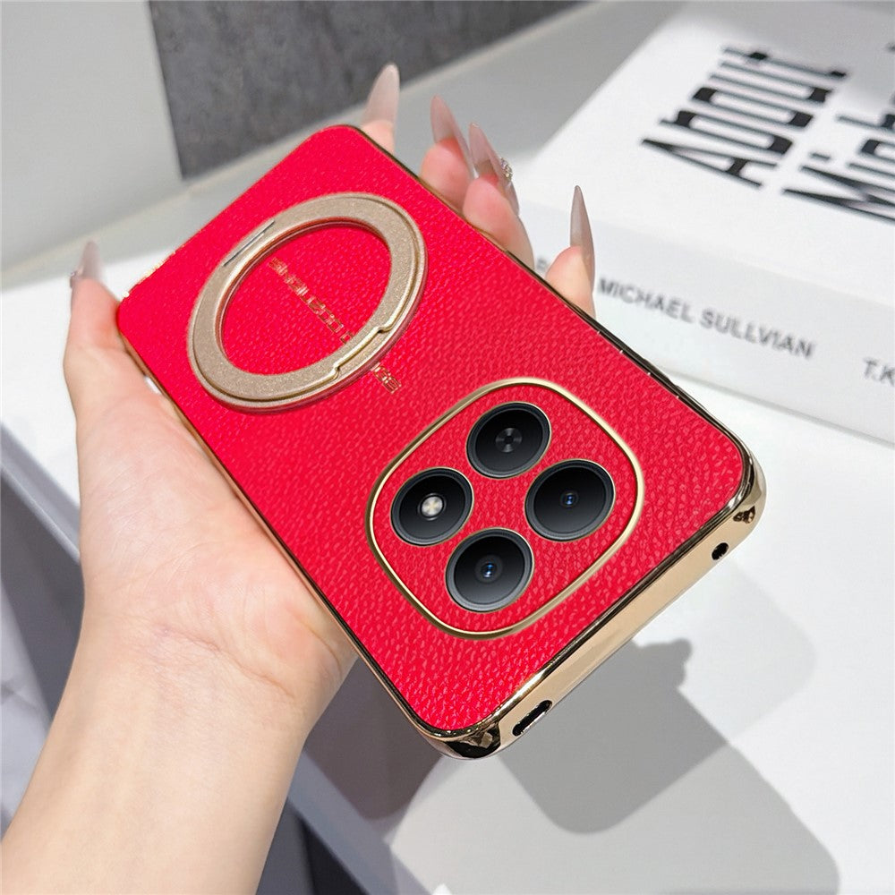 For Xiaomi Redmi Note 15 Pro 4G (Global) Magnetic Case Litchi Pattern TPU PU Cover with Electroplated Metal Ring Kickstand