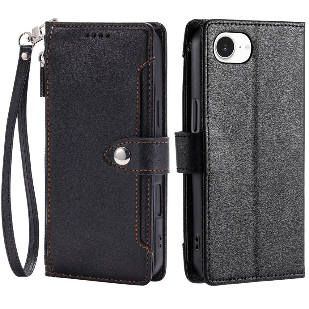 Wallet Case for iPhone SE (2022) / SE (2020) / iPhone 8 / 7 Litchi Texture Zipper Pocket Stand Leather Flip Phone Cover with Wrist Strap