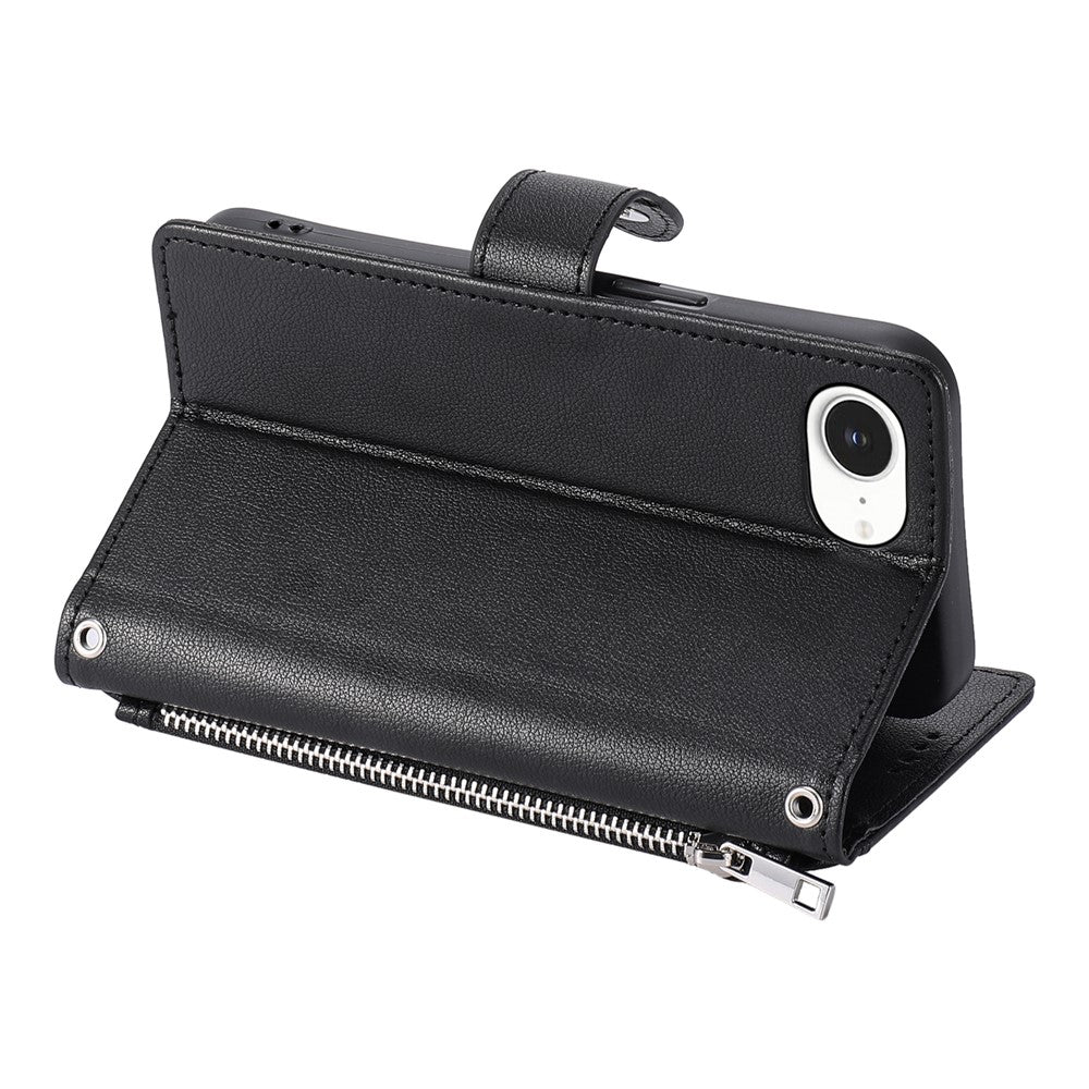 Wallet Case for iPhone SE (2022) / SE (2020) / iPhone 8 / 7 Litchi Texture Zipper Pocket Stand Leather Flip Phone Cover with Wrist Strap